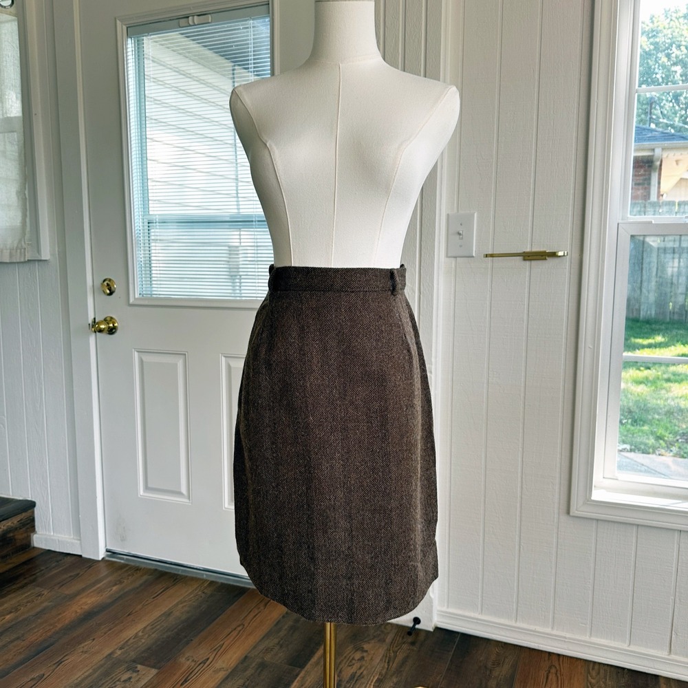 Ralph Lauren Women Wool Pencil Skirt 12 Brown Herringbone Tweed Vintage Academia